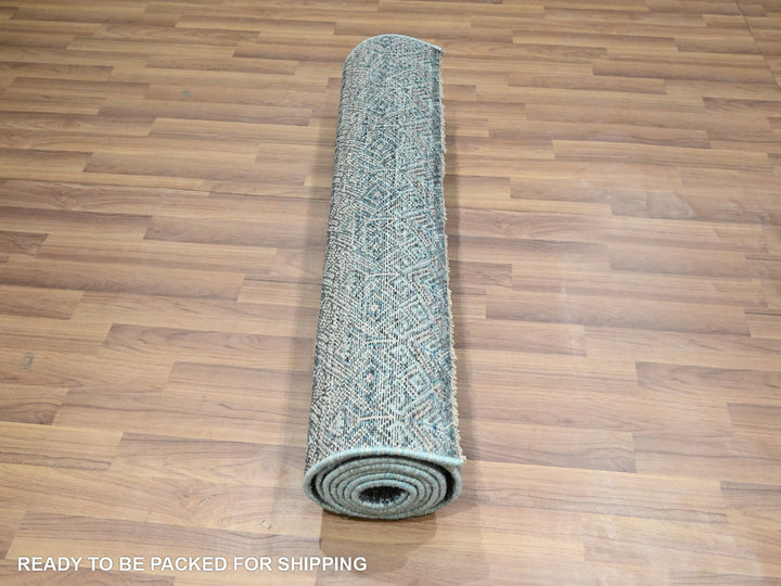 3'1" x 9'9" New Hand Knotted Blue Wool Runner Oriental Rug - MOA10276418