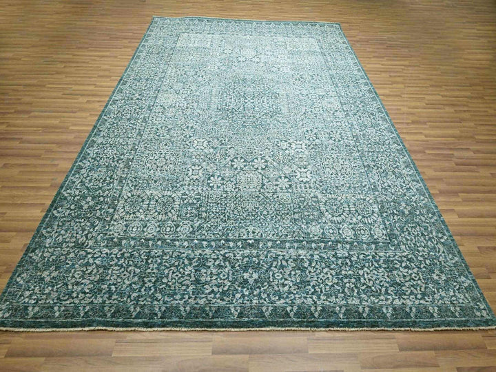 8'11" x 12'1" New Hand Knotted Teal Wool Rectangle Oriental Rug - MOA10276420