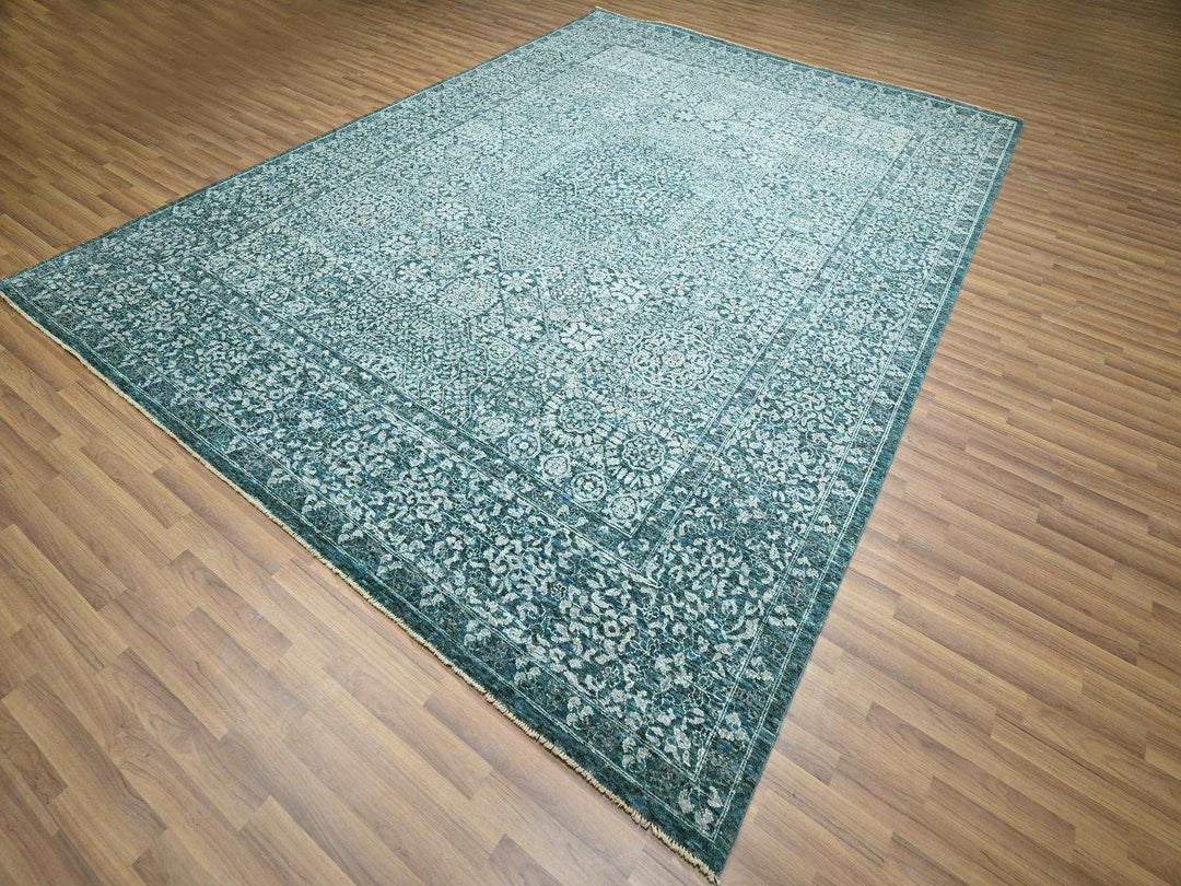 8'11" x 12'1" New Hand Knotted Teal Wool Rectangle Oriental Rug - MOA10276420