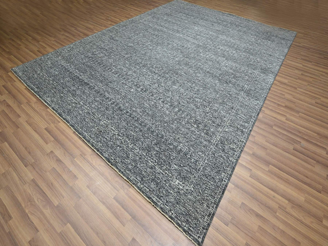 9'2" x 12'1" New Hand Knotted Grey Wool Rectangle Oriental Rug - MOA10276426