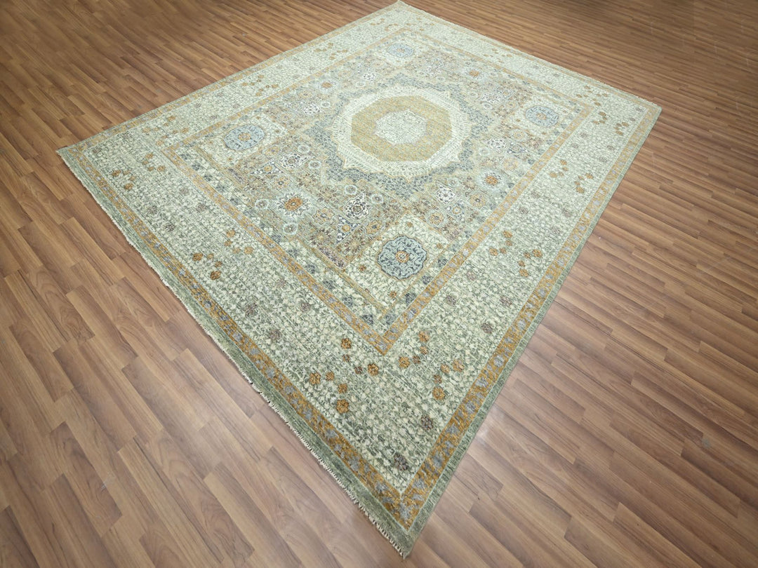 8'2" x 10'1" New Hand Knotted Green Wool Rectangle Oriental Rug - MOA10276430