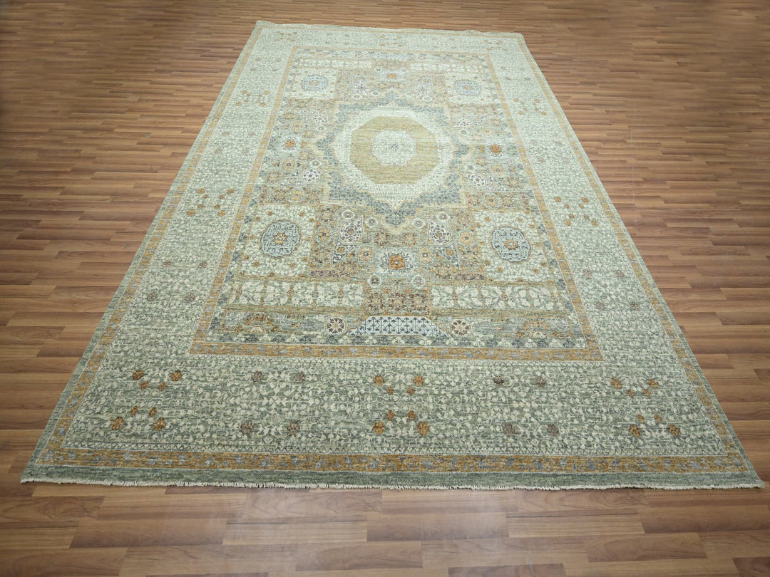 8'11" x 12'1" New Hand Knotted Green Wool Rectangle Oriental Rug - MOA10276432