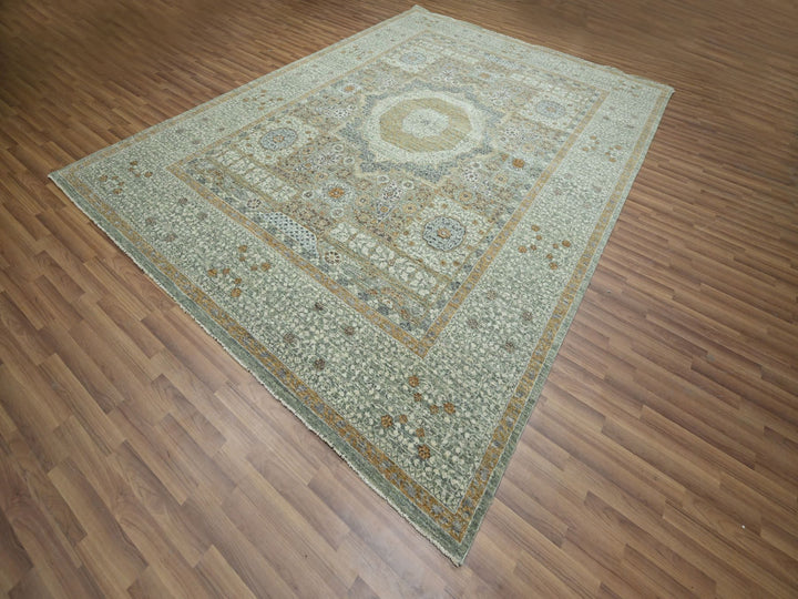 8'11" x 12'1" New Hand Knotted Green Wool Rectangle Oriental Rug - MOA10276432