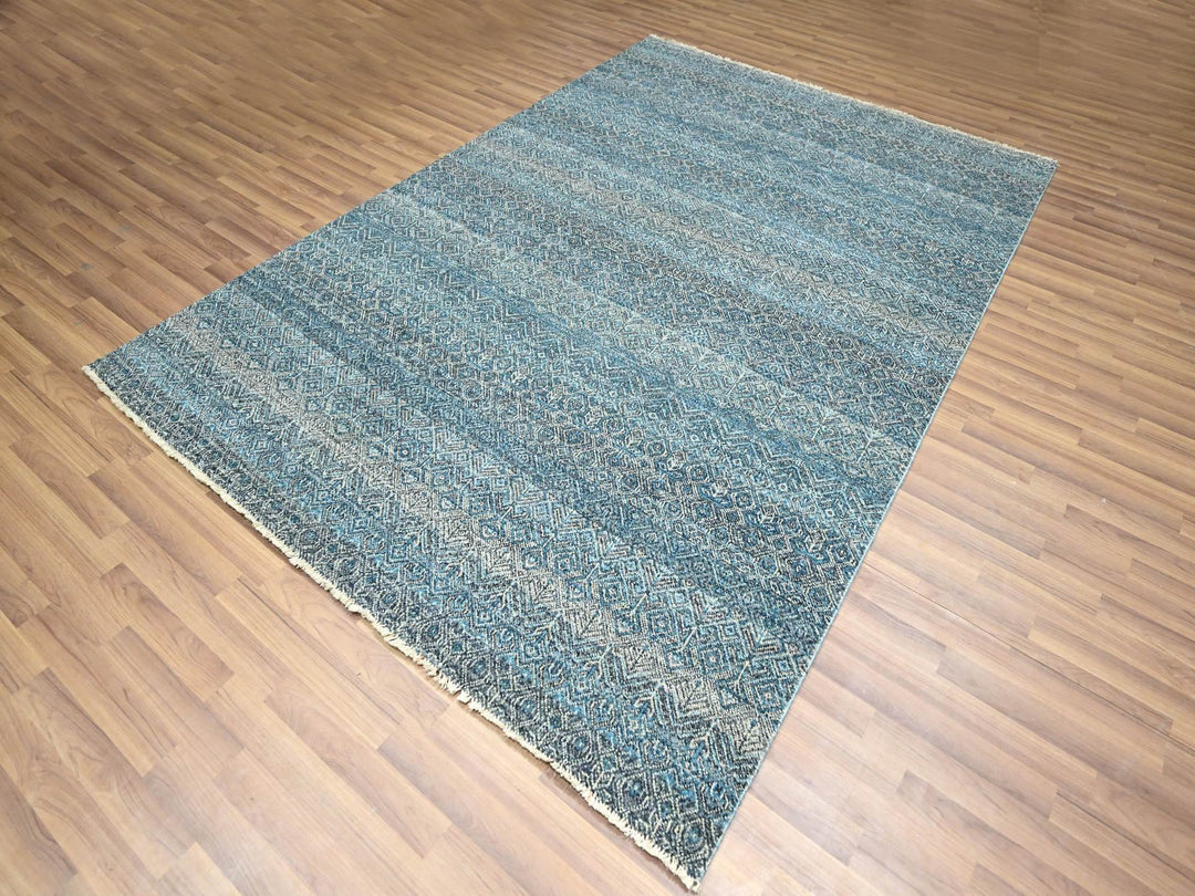 6'0" x 9'0" New Hand Knotted Blue Wool Rectangle Oriental Rug - MOA10276436