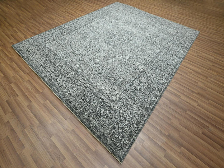 8'1" x 10'1" New Hand Knotted Grey Wool Rectangle Oriental Rug - MOA10276540