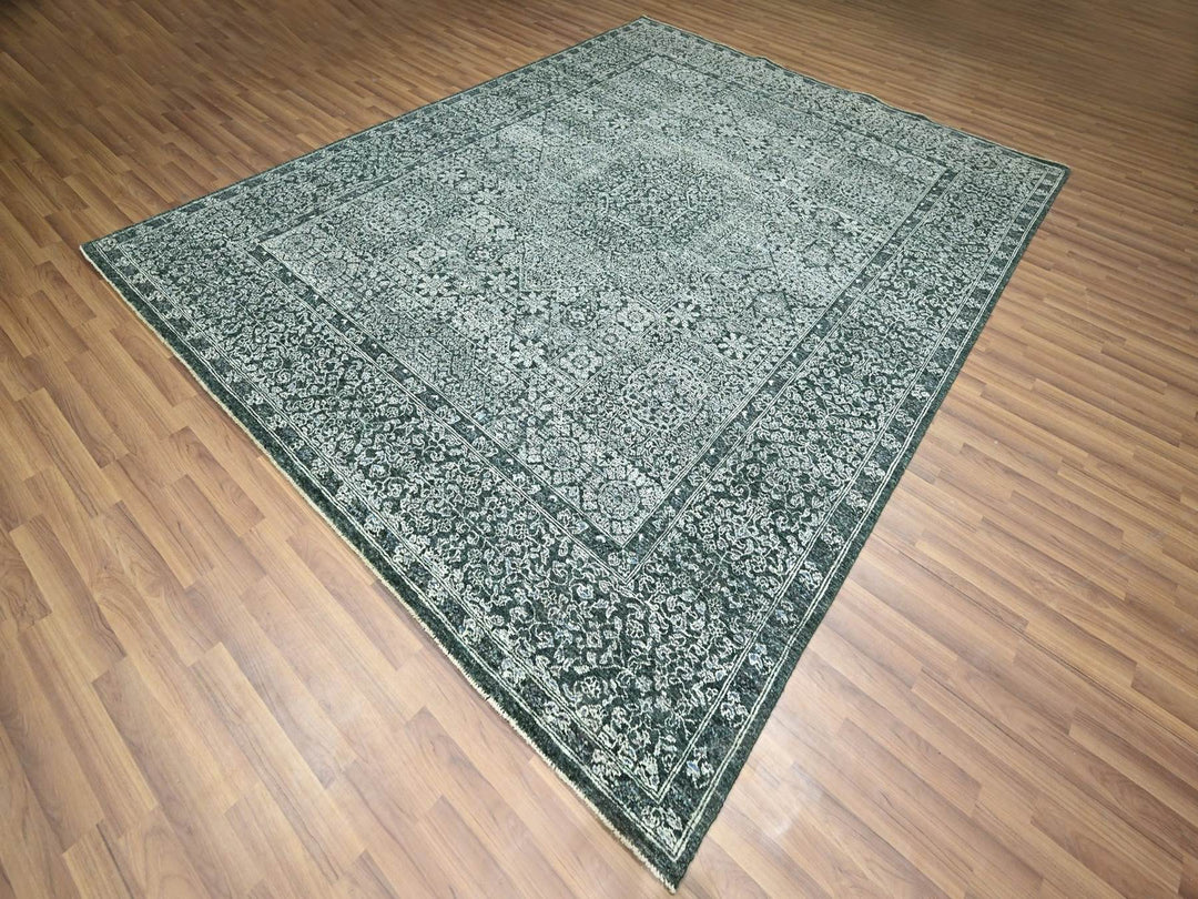 8'0" x 10'0" New Hand Knotted Green Wool Rectangle Oriental Rug - MOA10276543