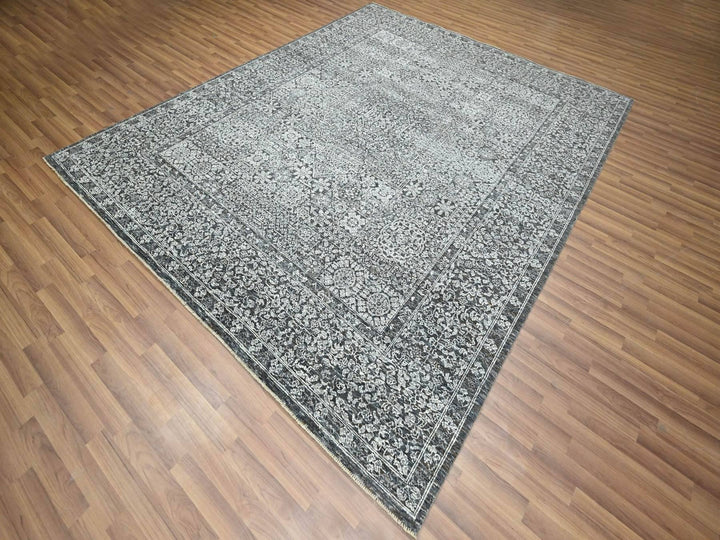 8'2" x 10'2" New Hand Knotted Grey Wool Rectangle Oriental Rug - MOA10276549