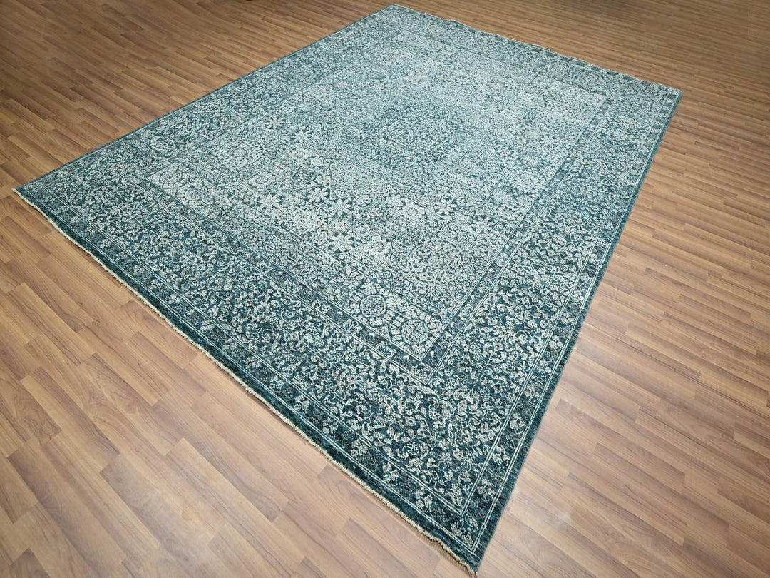 7'11" x 10'3" New Hand Knotted Teal Wool Rectangle Oriental Rug - MOA10276551