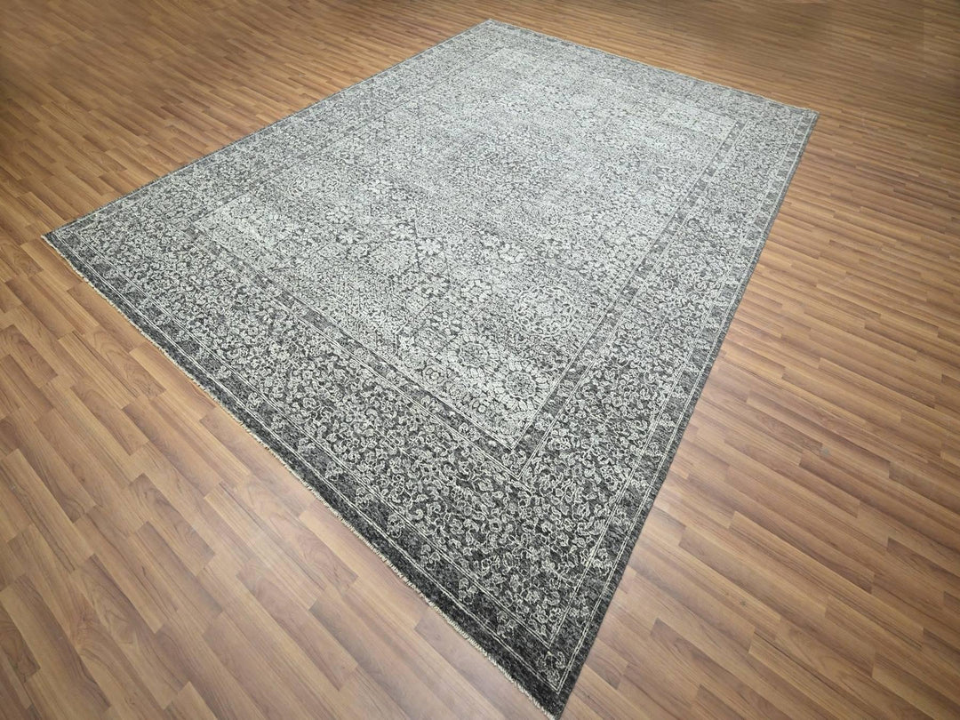 9'0" x 11'11" New Hand Knotted Grey Wool Rectangle Oriental Rug - MOA10276553