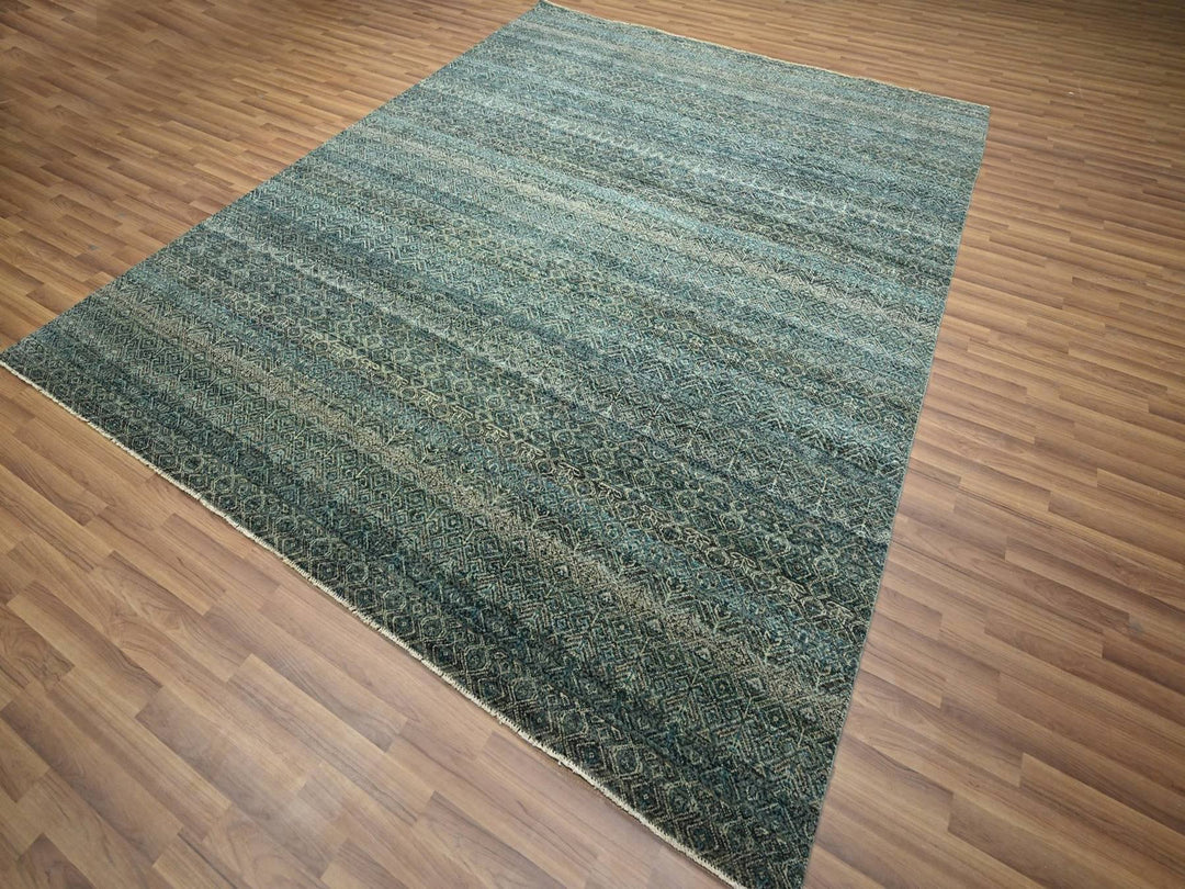 8'1" x 10'0" New Hand Knotted Teal Wool Rectangle Oriental Rug - MOA10276569
