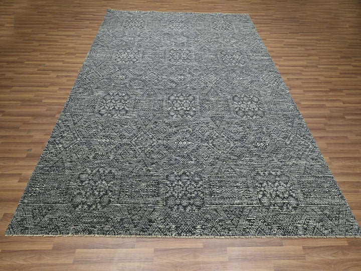 7'10" x 10'0" New Hand Knotted Grey Wool & Silk Rectangle Oriental Rug - MOA10276573
