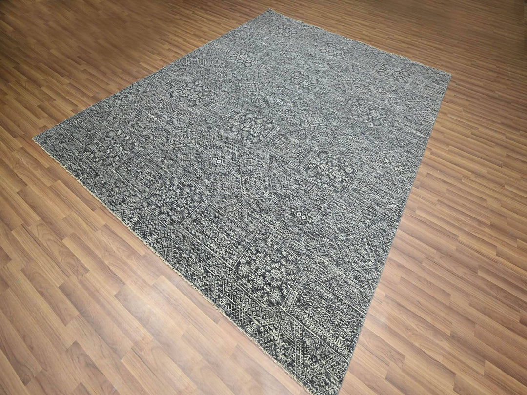 7'10" x 10'0" New Hand Knotted Grey Wool & Silk Rectangle Oriental Rug - MOA10276573