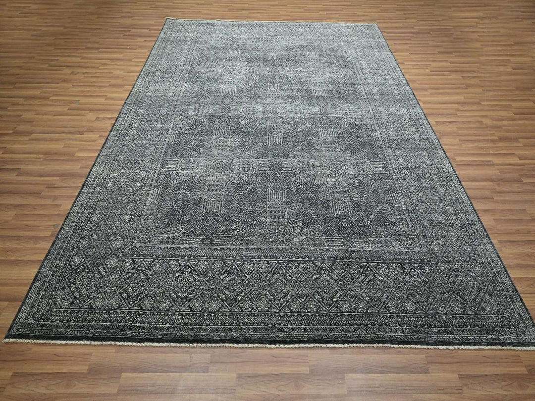 8'2" x 10'2" New Hand Knotted Black Wool & Silk Rectangle Oriental Rug - MOA10276574