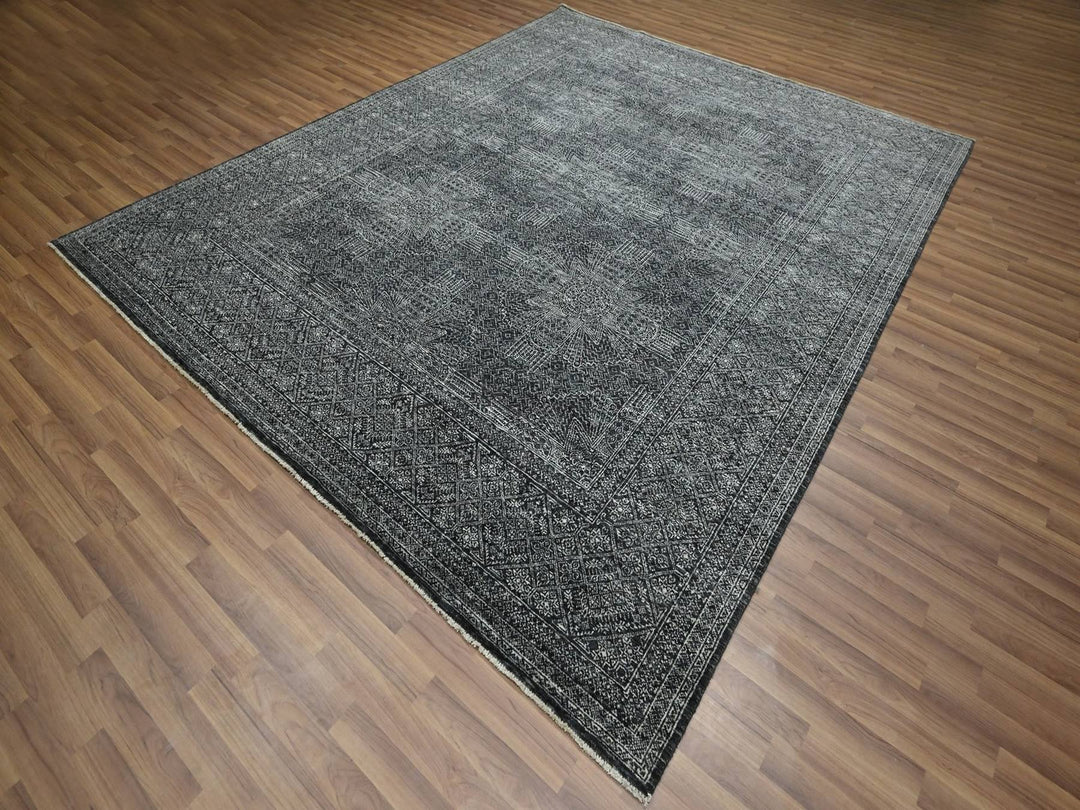 8'2" x 10'2" New Hand Knotted Black Wool & Silk Rectangle Oriental Rug - MOA10276574