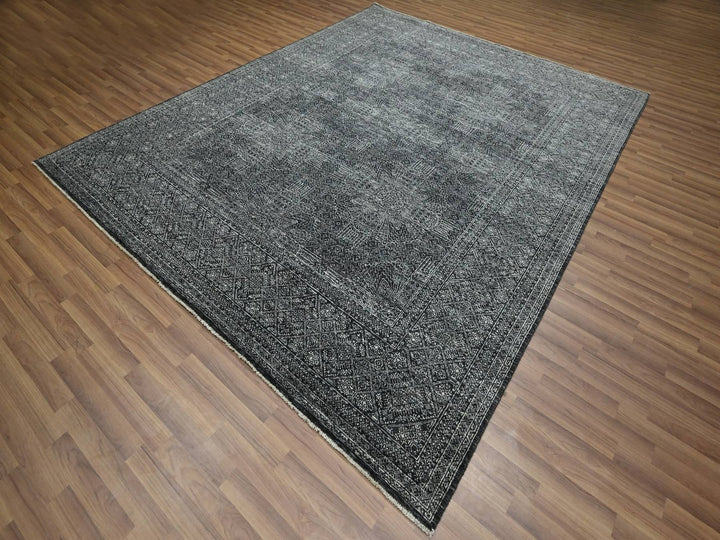 8'2" x 10'2" New Hand Knotted Black Wool & Silk Rectangle Oriental Rug - MOA10276574