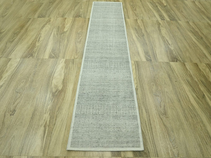 2'7" x 10'3" New Hand Knotted Grey Wool Runner Oriental Rug - MOA10276758