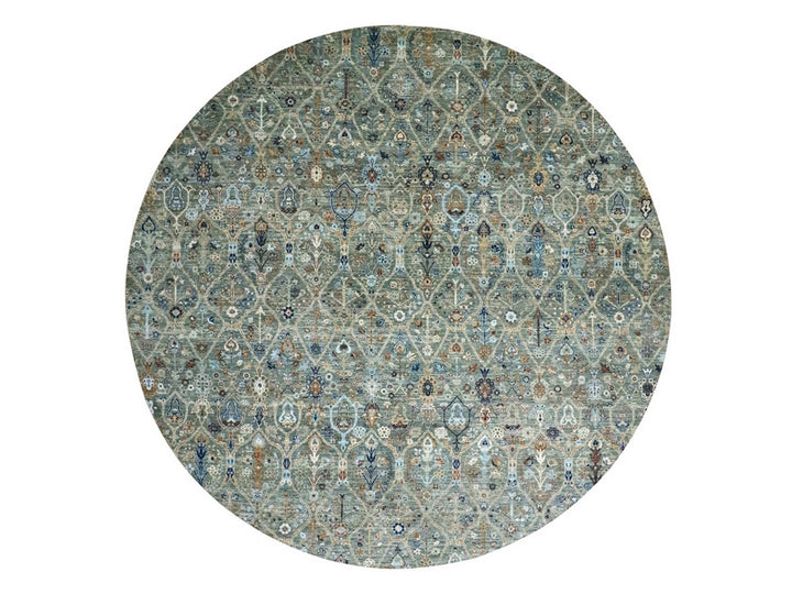 11'10" x 11'10" New Hand Knotted Green Wool Round Oriental Rug - MOA10276790