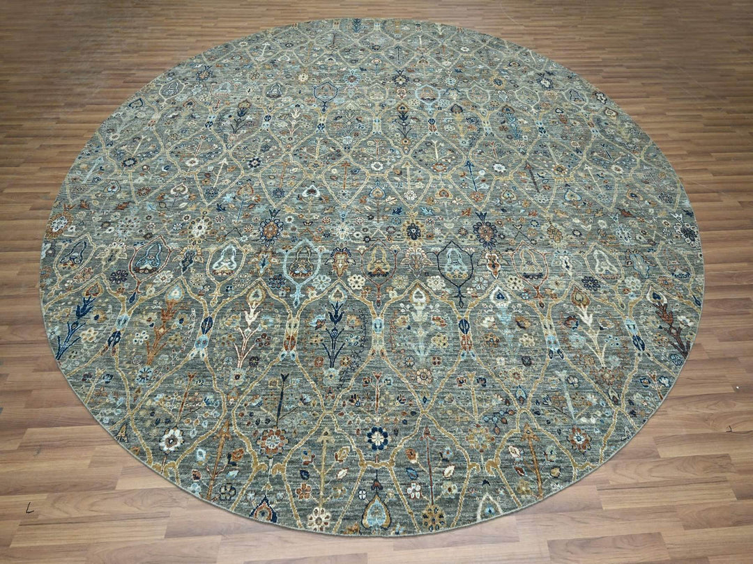 11'10" x 11'10" New Hand Knotted Green Wool Round Oriental Rug - MOA10276790