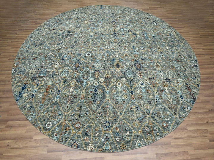 11'10" x 11'10" New Hand Knotted Green Wool Round Oriental Rug - MOA10276790