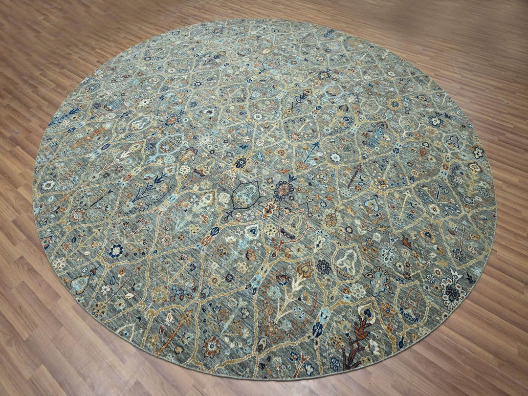 11'10" x 11'10" New Hand Knotted Green Wool Round Oriental Rug - MOA10276790