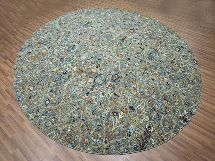 11'10" x 11'10" New Hand Knotted Green Wool Round Oriental Rug - MOA10276790