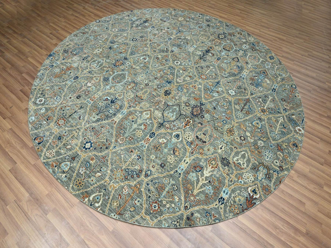 9'10" x 9'10" New Hand Knotted Green Wool Round Oriental Rug - MOA10276791