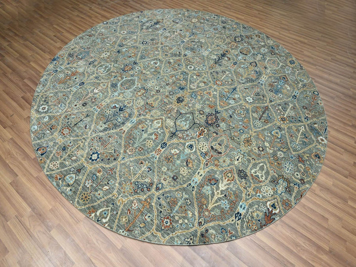 9'10" x 9'10" New Hand Knotted Green Wool Round Oriental Rug - MOA10276791