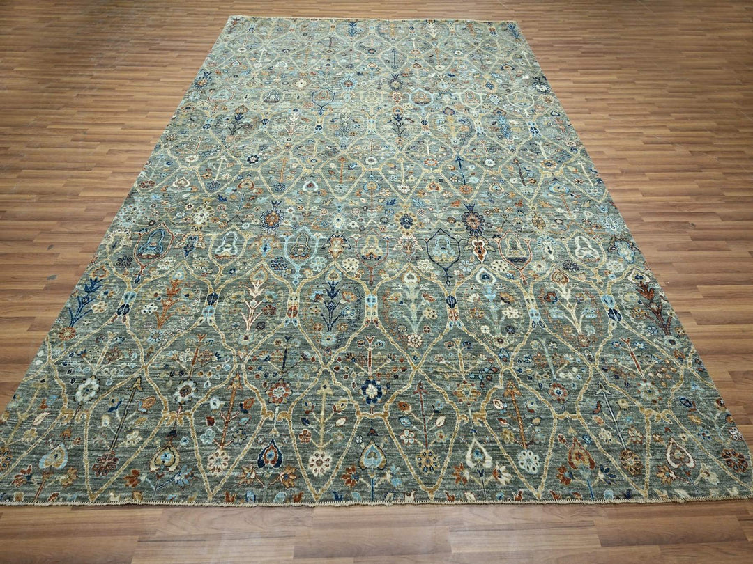 8'10" x 11'11" New Hand Knotted Green Wool Rectangle Oriental Rug - MOA10276792