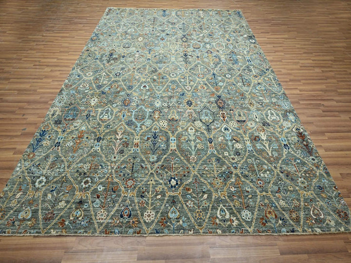 8'10" x 11'11" New Hand Knotted Green Wool Rectangle Oriental Rug - MOA10276792