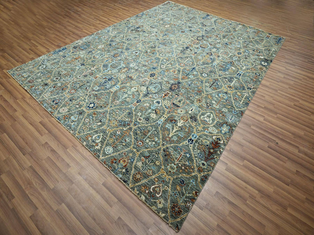 8'10" x 11'11" New Hand Knotted Green Wool Rectangle Oriental Rug - MOA10276792