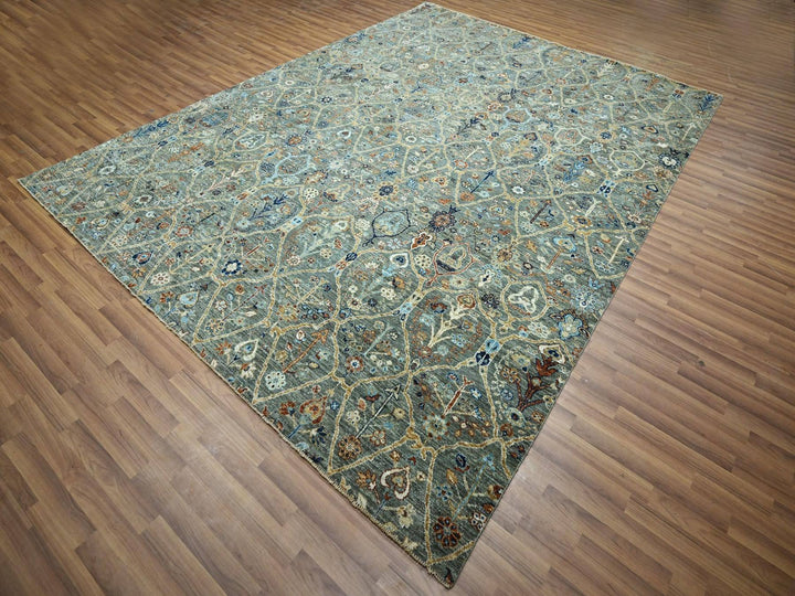 8'10" x 11'11" New Hand Knotted Green Wool Rectangle Oriental Rug - MOA10276792