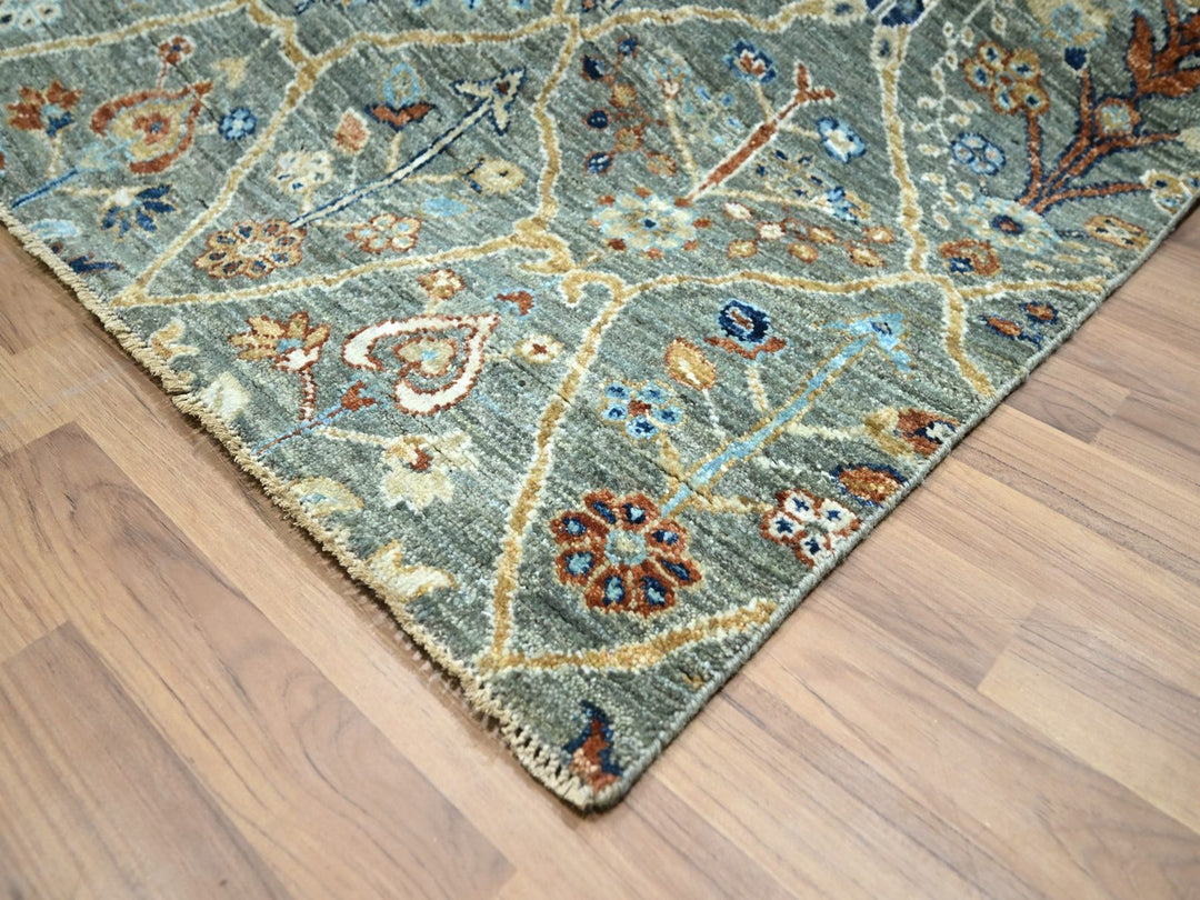 8'10" x 11'11" New Hand Knotted Green Wool Rectangle Oriental Rug - MOA10276792