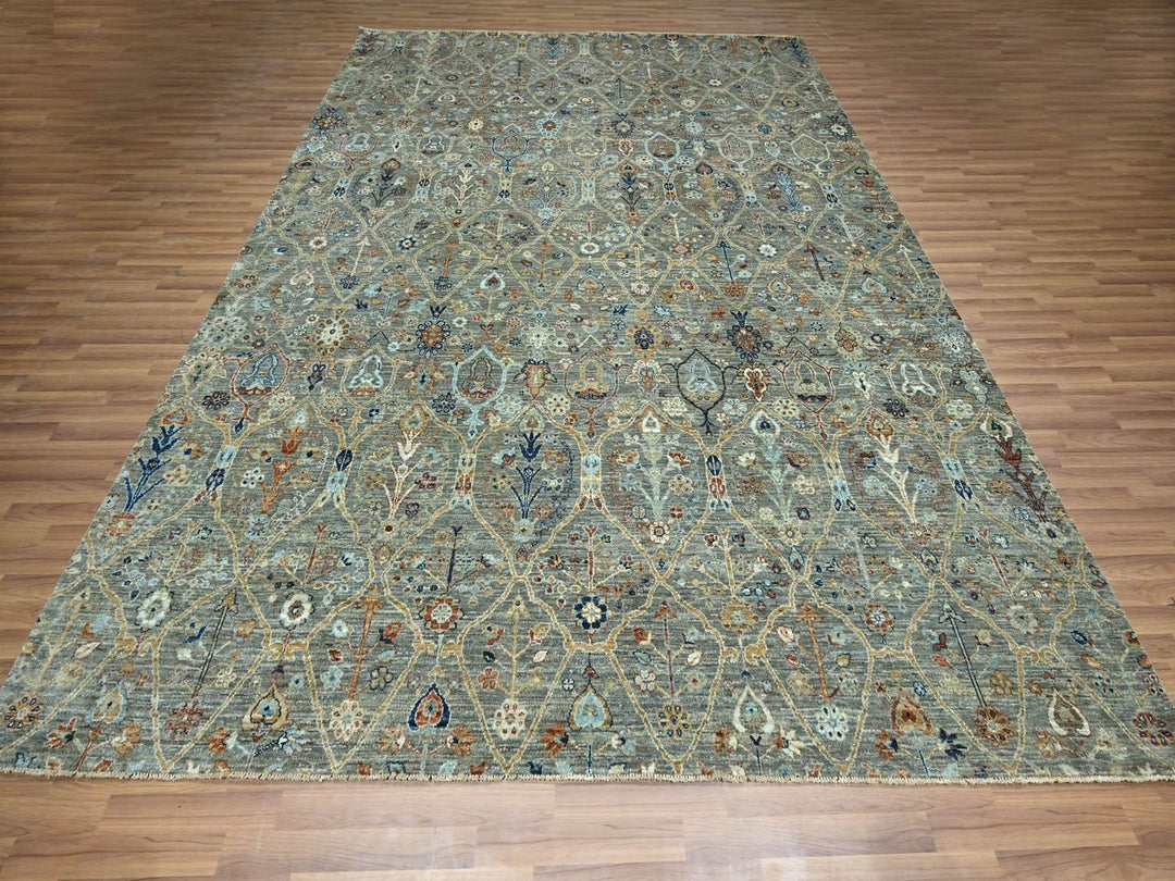 9'1" x 12'0" New Hand Knotted Green Wool Rectangle Oriental Rug - MOA10276793