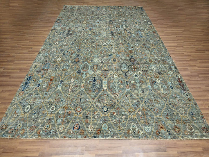 9'1" x 12'0" New Hand Knotted Green Wool Rectangle Oriental Rug - MOA10276793