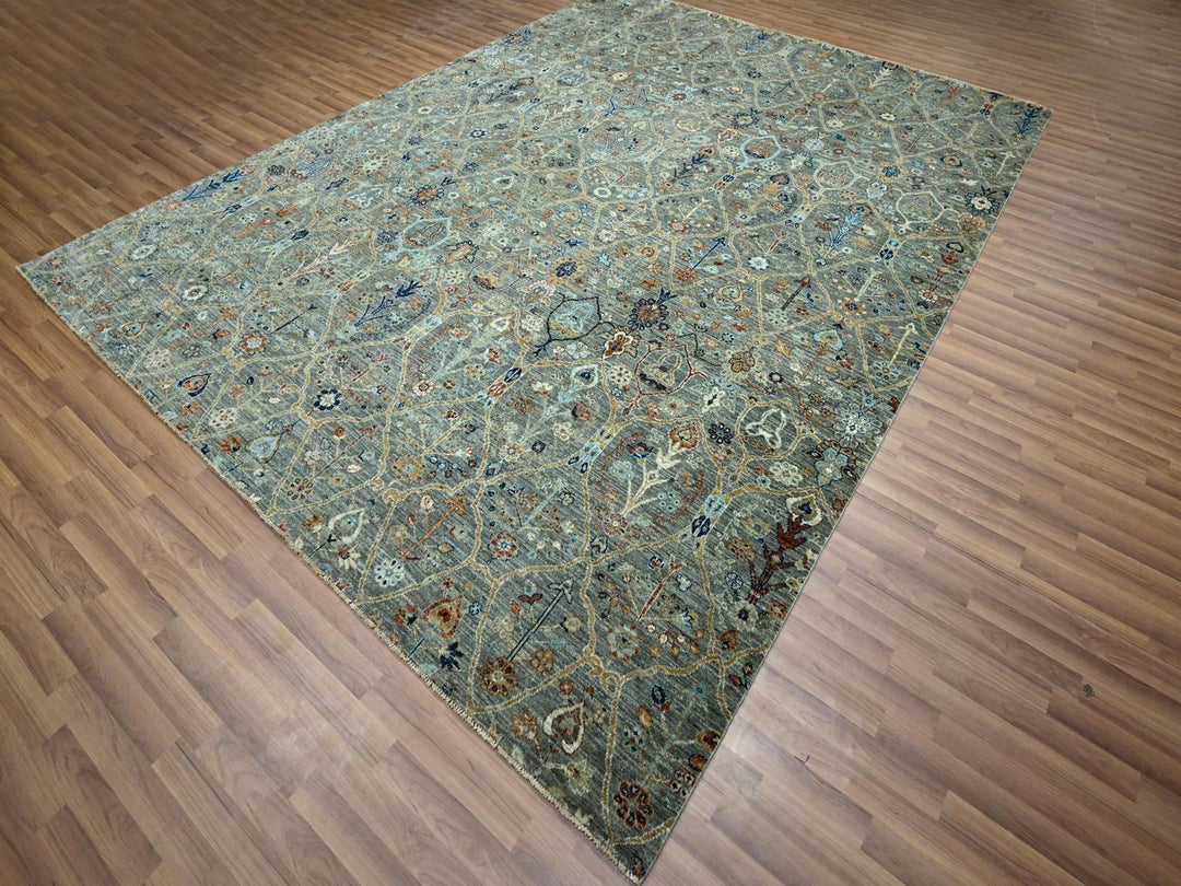 9'1" x 12'0" New Hand Knotted Green Wool Rectangle Oriental Rug - MOA10276793