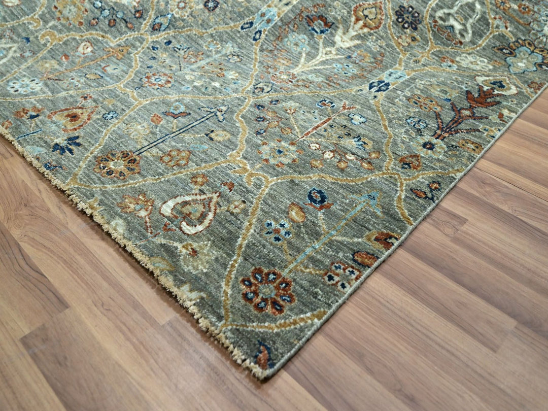 9'1" x 12'0" New Hand Knotted Green Wool Rectangle Oriental Rug - MOA10276793