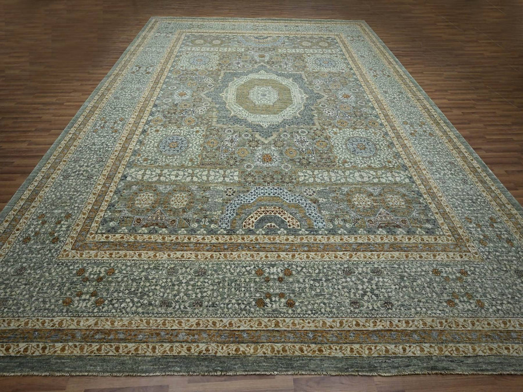 12'2" x 15'0" New Hand Knotted Green Wool Rectangle Oriental Rug - MOA10276798