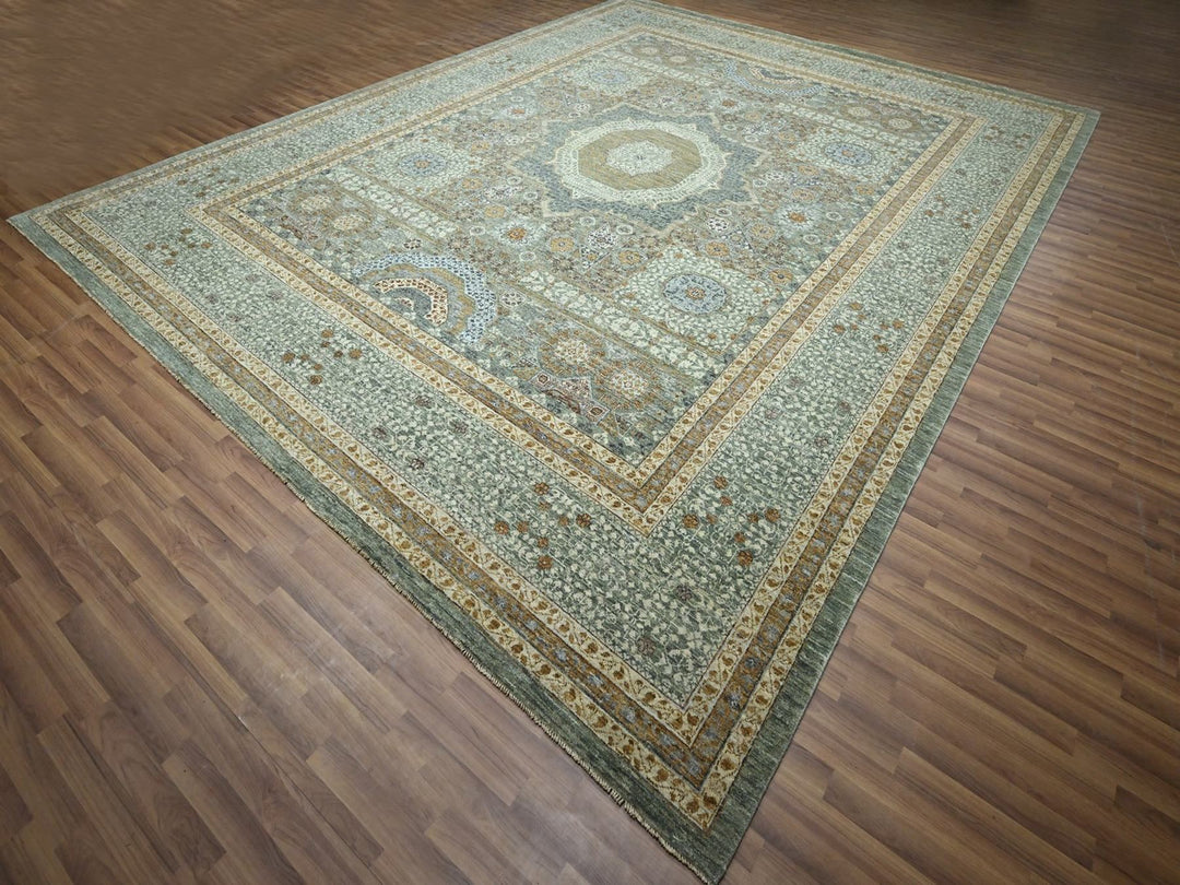 12'2" x 15'0" New Hand Knotted Green Wool Rectangle Oriental Rug - MOA10276798