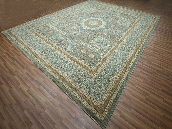 12'2" x 15'0" New Hand Knotted Green Wool Rectangle Oriental Rug - MOA10276798