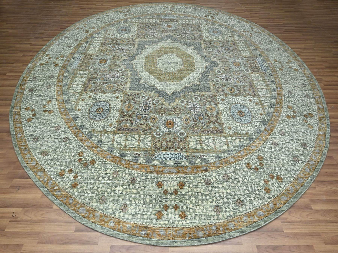 11'11" x 12'0" New Hand Knotted Green Wool Round Oriental Rug - MOA10276799