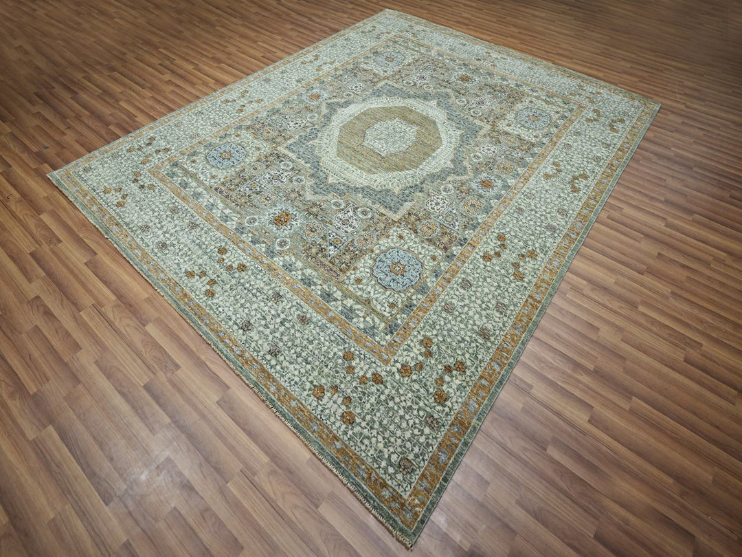 8'1" x 10'1" New Hand Knotted Green Wool Rectangle Oriental Rug - MOA10276800