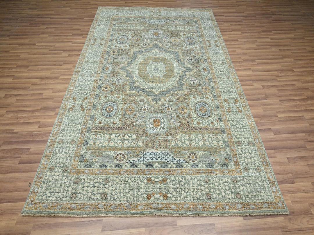6'1" x 9'1" New Hand Knotted Green Wool Rectangle Oriental Rug - MOA10276803