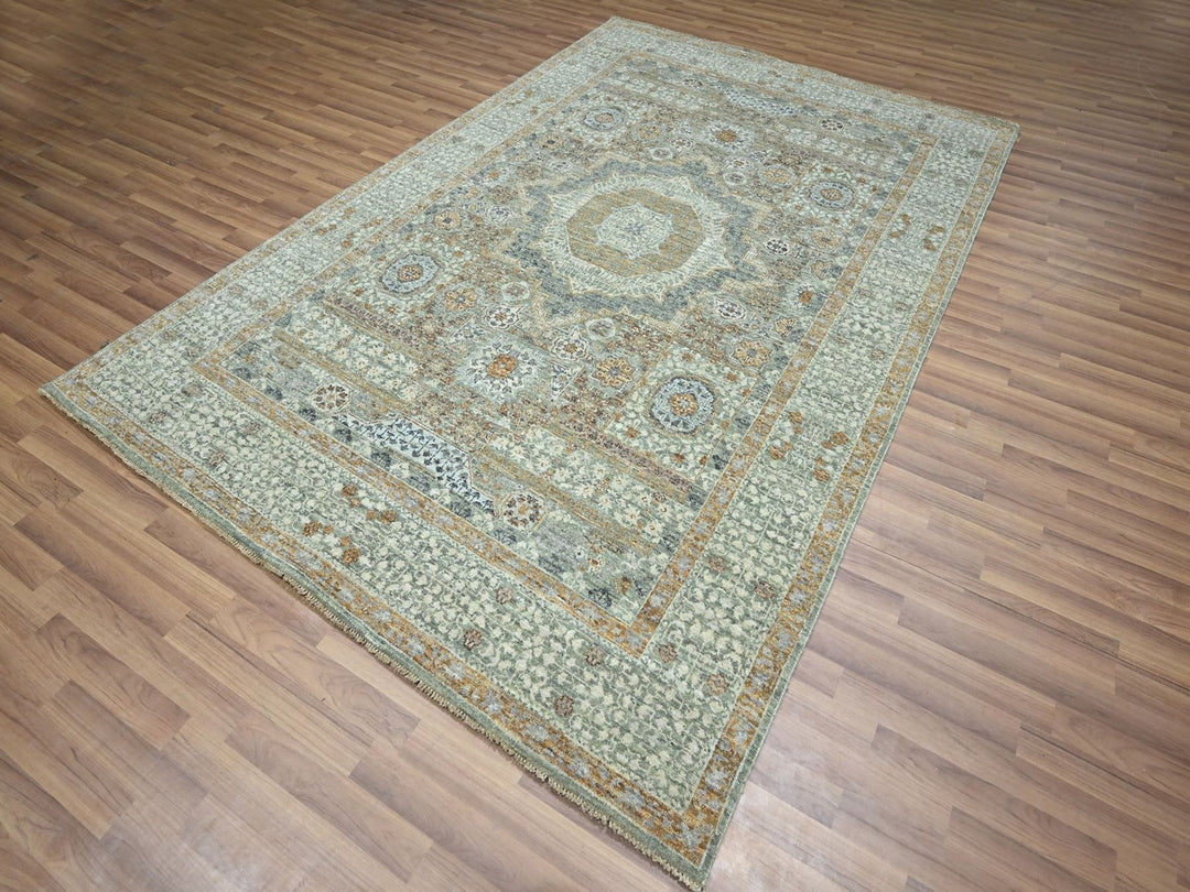 6'1" x 9'1" New Hand Knotted Green Wool Rectangle Oriental Rug - MOA10276803