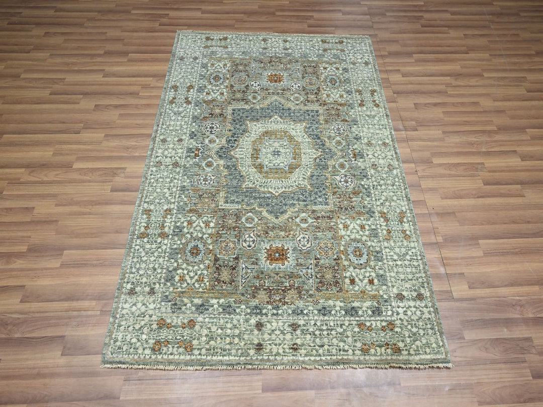 4'1" x 5'11" New Hand Knotted Green Wool Rectangle Oriental Rug - MOA10276805