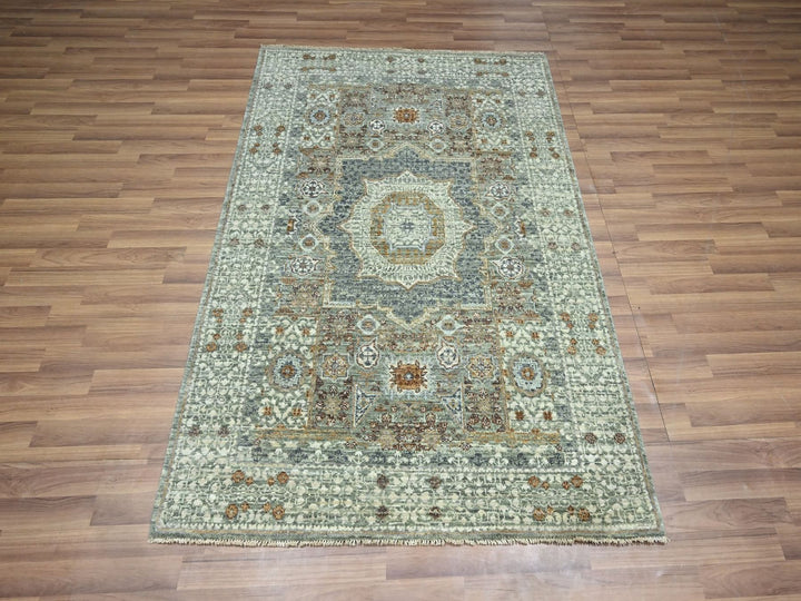 4'1" x 5'11" New Hand Knotted Green Wool Rectangle Oriental Rug - MOA10276805