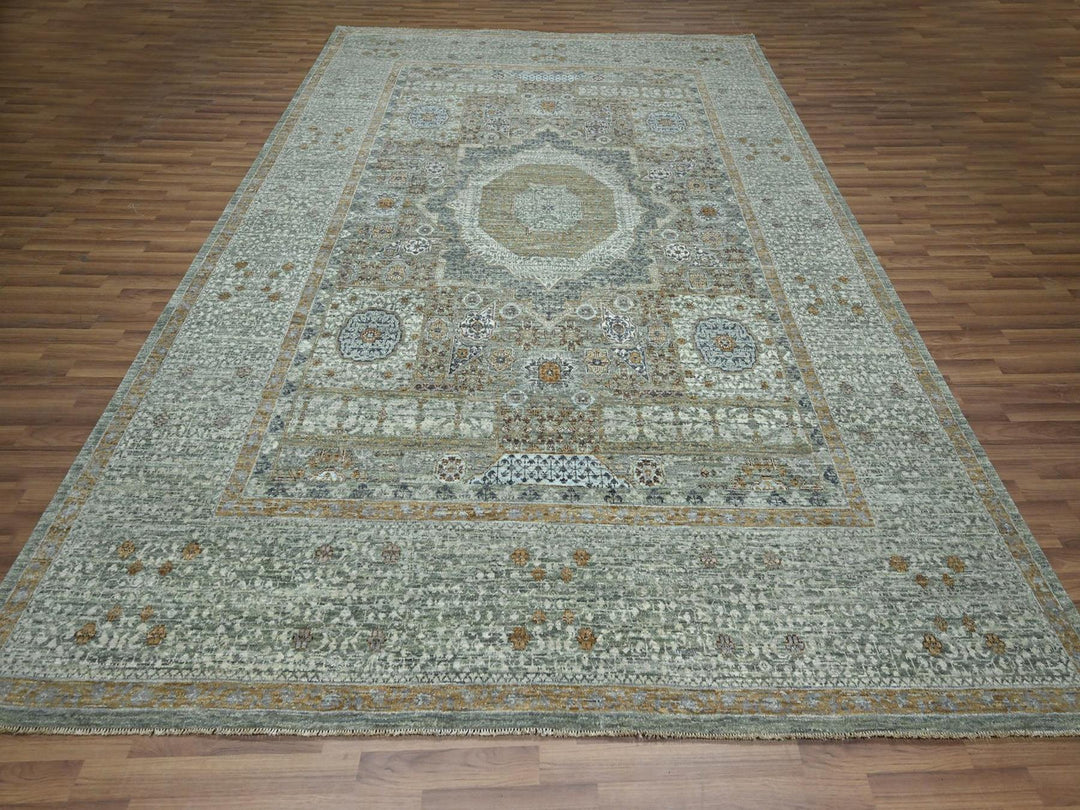 9'0" x 12'0" New Hand Knotted Green Wool Rectangle Oriental Rug - MOA10276806