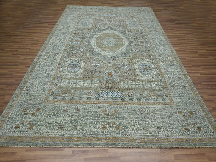 9'0" x 12'0" New Hand Knotted Green Wool Rectangle Oriental Rug - MOA10276806
