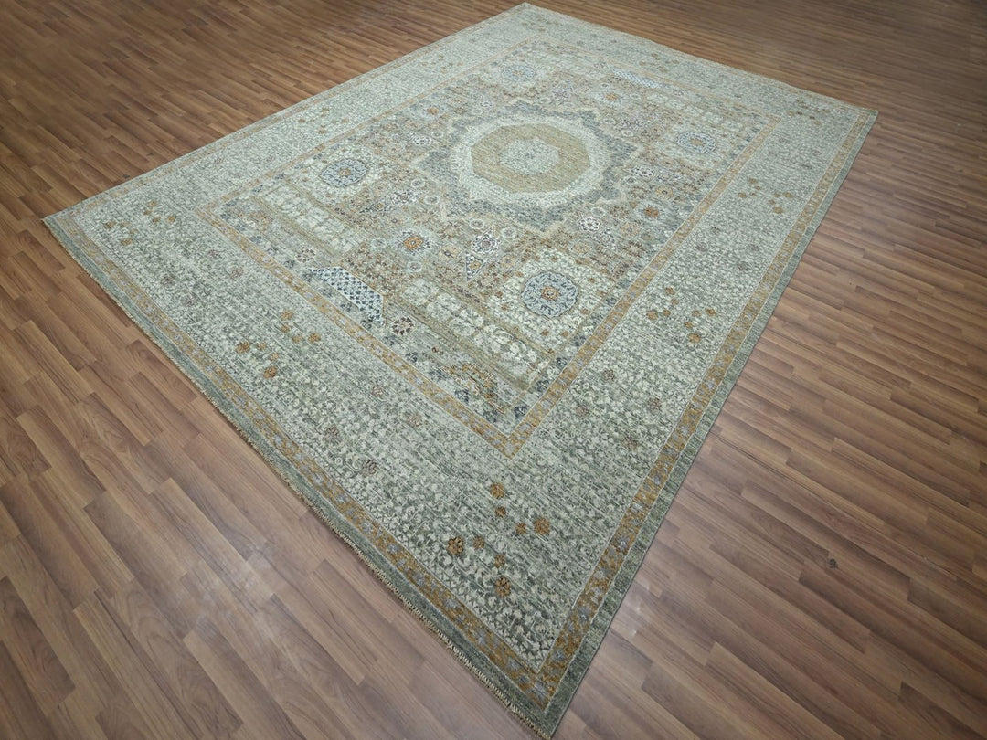 9'0" x 12'0" New Hand Knotted Green Wool Rectangle Oriental Rug - MOA10276806