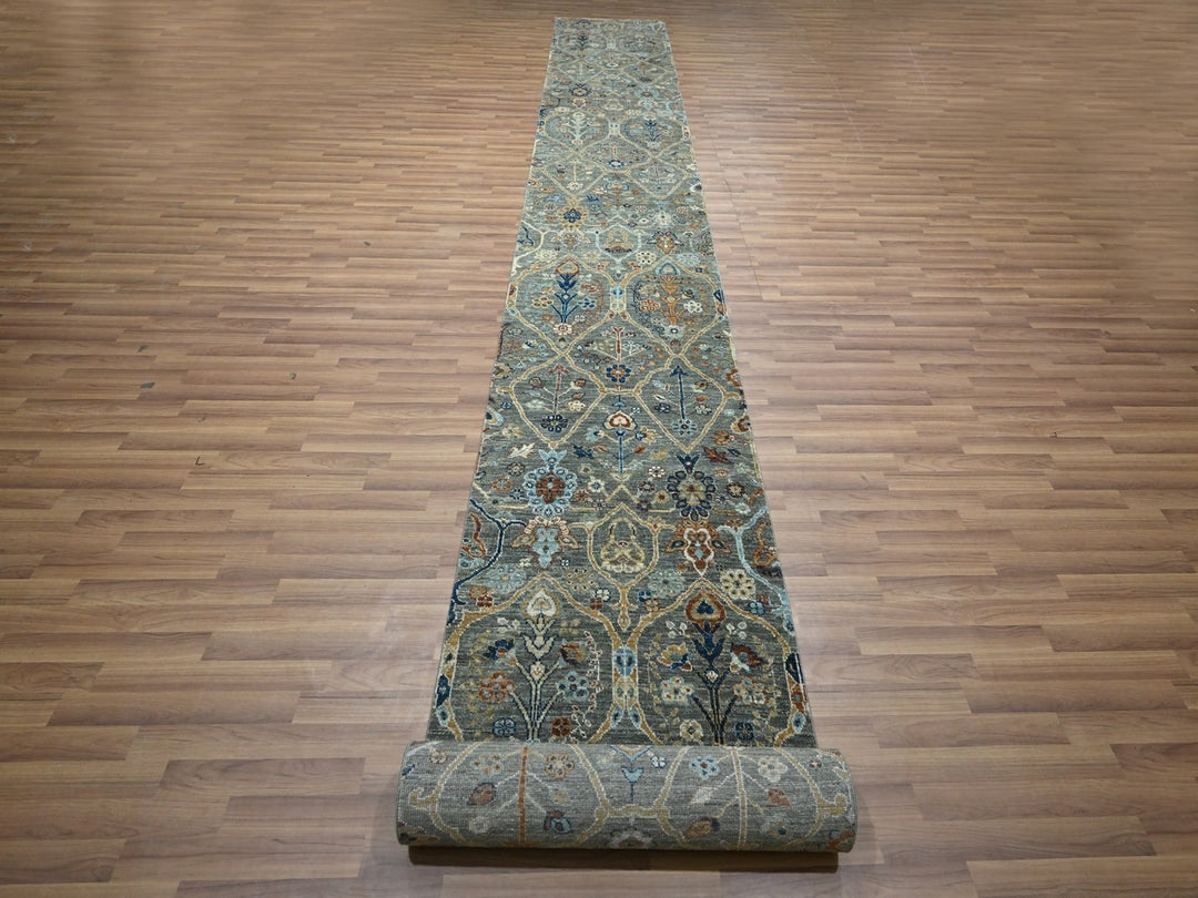 2'7" x 22'4" New Hand Knotted Green Wool Runner Oriental Rug - MOA10276807