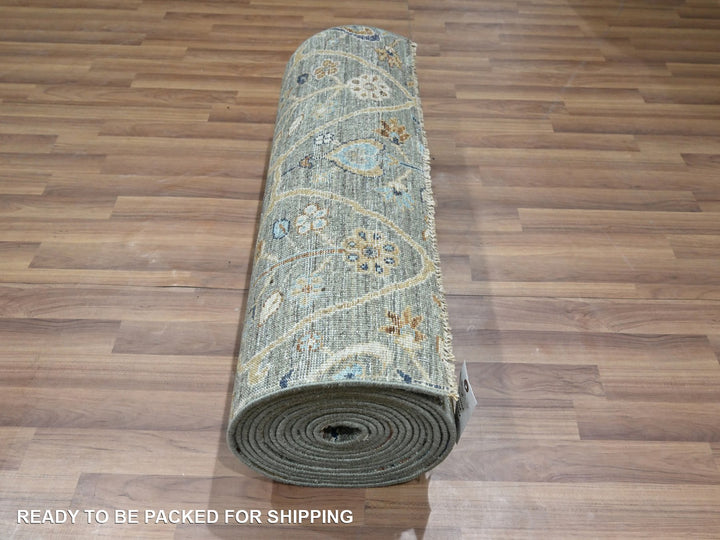 2'7" x 22'4" New Hand Knotted Green Wool Runner Oriental Rug - MOA10276807